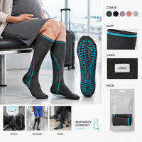 Chaussettes de compression graduées pour mollets, avec tableau de mesure, manchette plus large, bout plat, couleur anthracite turquoise, densité tricotée, entretien et soin.