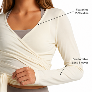 Women Premium <b>Cream</b> Long Sleeve <b>Wrap</b> Yoga Top with Adjustable Side Tie and V Neck Design for Pilates and Activewear Brands - Product Image 5