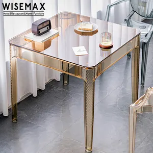 WISEMAX家具北欧餐厅家具方形透明玻璃顶部塑料底座家用餐桌