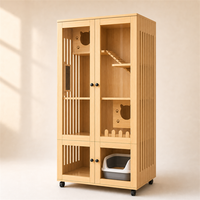 Meuble-lit pour chat en bois naturel avec portes en acrylique, maisonnette d'intérieur roulante pour litière et escalade