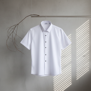 <span class=keywords><strong>Camicia</strong></span> Elegante da <span class=keywords><strong>Uomo</strong></span> Premium ODM, Slim Fit, Bianca, Manica Corta, in Maglia Traspirante di Cotone e Viscosa, per Business Casual - Product Image 3