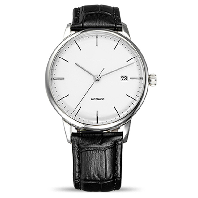 Fashion Ultra Thin Watch Stainless Steel Case Mechanical Watch with Butterfly Buckle Genuine Leather Analog Watch for Events