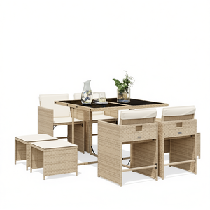 Ensemble de salle à manger de patio en rotin beige, 8 places, pliable, mobilier de jardin extérieur, style contemporain - Product Image 1