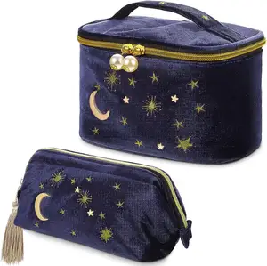 Tas kosmetik Ginzeal beludru Navy Moon bintang matahari berguna perjalanan dompet Makeup berbintang dengan rumbai tas bordir portabel