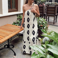 Robe longue de plage asymétrique sans bretelles pour femme, motif géométrique vintage, dos nu, antistatique, tailles S-XL, nouvelle collection été, vente en gros