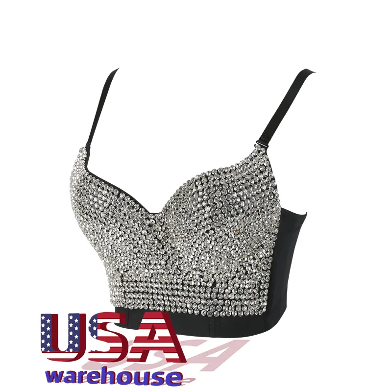 USA Warehouse Fashion Glitter Bead Pearl Sexy Half Cup Corset Top Party Top Vest To Wear Outside Women's Bustier Bra