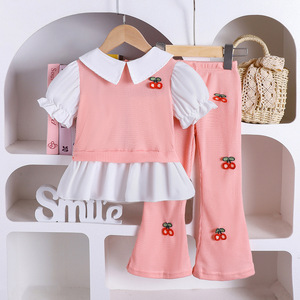 Summer Cute Girl Suits for Small and Medium-sized Children, Fashionable Lapel Two-piece Short-sleeved + Flared Trousers - Product Image 1