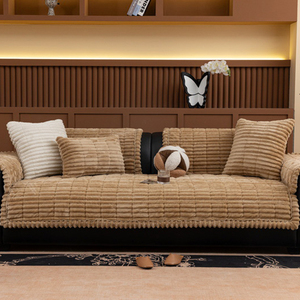 Housses de <span class=keywords><strong>canapé</strong></span> d'hiver en peluche à rayures et carreaux de couleur unie, luxe léger <span class=keywords><strong>pour</strong></span> salon, antidérapantes, avec bords roulés exquis - Product Image 5