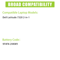 Baterai Laptop Pengganti 9F4FN 2VKW9 untuk Dell Latitude 7320 2-in-1 Seri 3420 7.6V 40WH/5000mAh