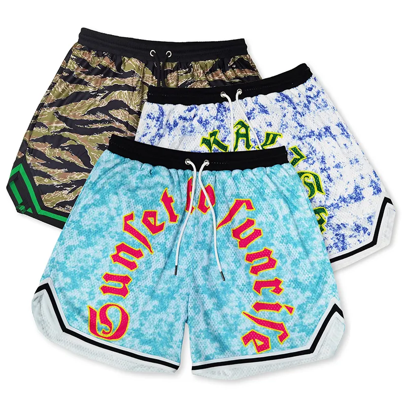 Cotton Sports Mens ShortsTie Dye Printed Lettered Multi Pocket Mesh Sweat Shorts For Men