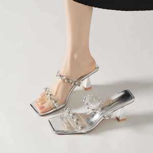 Sandales à talons hauts à bout carré avec strass, talon bloc, bout ouvert, tendance mode, chaussures pour femmes 7655-1 - Product Image 1