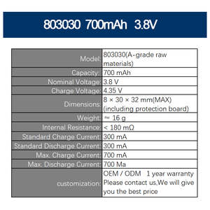 Batterie Lipo rechargeable 803030 700mAh 3.8V (matières premières de qualité A) OEM ODM, fabricant de pochettes personnalisées en polymère de lithium MSDS - Product Image 2