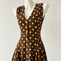 Robe Courte Été 2026 Style Français Femme à Pois Sans Manches Col V Boutonnée Coupe Évasée