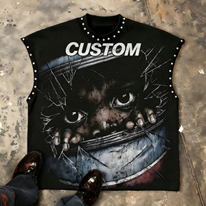 T-shirt Homme Oversize Tendance en Coton Lourd Respirant, Col Rond Sans Manches, Style Rétro Urbain avec Rivets, Impression DTG Personnalisée - Product Image 1