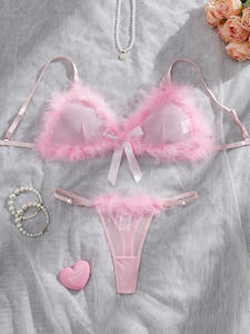 Set Lingerie Seksi Transparan Pink untuk Hari Valentine, Bra dan Celana Dalam Plush Romantis Dua Potong untuk Wanita - Product Image 2