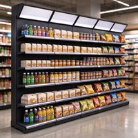 Étagère murale de supermarché en acier noir avec panneau d'affichage lumineux, panneau perforé et niveaux réglables