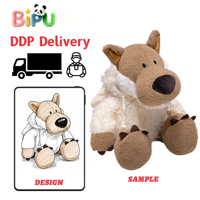Fabricant de jouets en peluche, jouet en peluche loup personnalisé enveloppé dans du tissu polaire long de mouton avec bretelles en jute, jouets en peluche rembourrés en coton