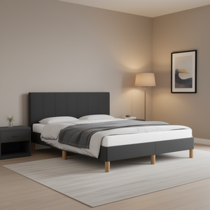 Cadre de lit rembourré avec tête de lit en tissu gris foncé, design moderne minimaliste, pieds en bois, taille Queen - Product Image 2