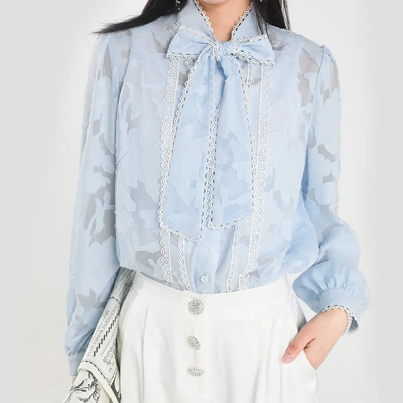 [6212] Women Lace Blouse long sleeve lovely floral embroidery shirt summer ladies stand Bow Tie blouse woman tops femme chic