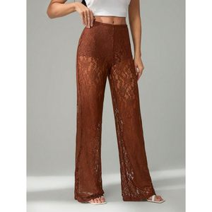 Women's Floral <b>Lace</b> Sheer Straight Leg Pants Natural Waist Club Wear - Product Image 5