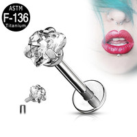 Nouveau design 2022 : Labret Monroe à filetage interne avec cœur en zircone cubique à trois griffes – Vente en gros