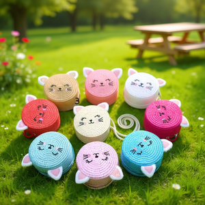 Borsa Rotonda Piccola in Paglia Intrecciata con Gatto Sorridente che Sforbidisce 12x6cm per Bambini - Product Image 2