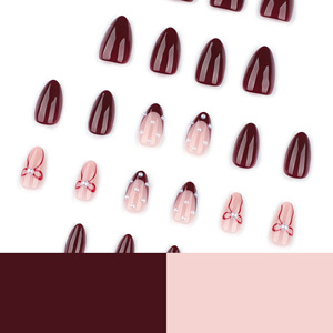 Ensemble de <span class=keywords><strong>faux</strong></span> <span class=keywords><strong>ongles</strong></span> 2026, style nœud rouge romantique, <span class=keywords><strong>ongles</strong></span> à presser moyens en amande, base rouge <span class=keywords><strong>bordeaux</strong></span> nude avec perles et strass - Product Image 4