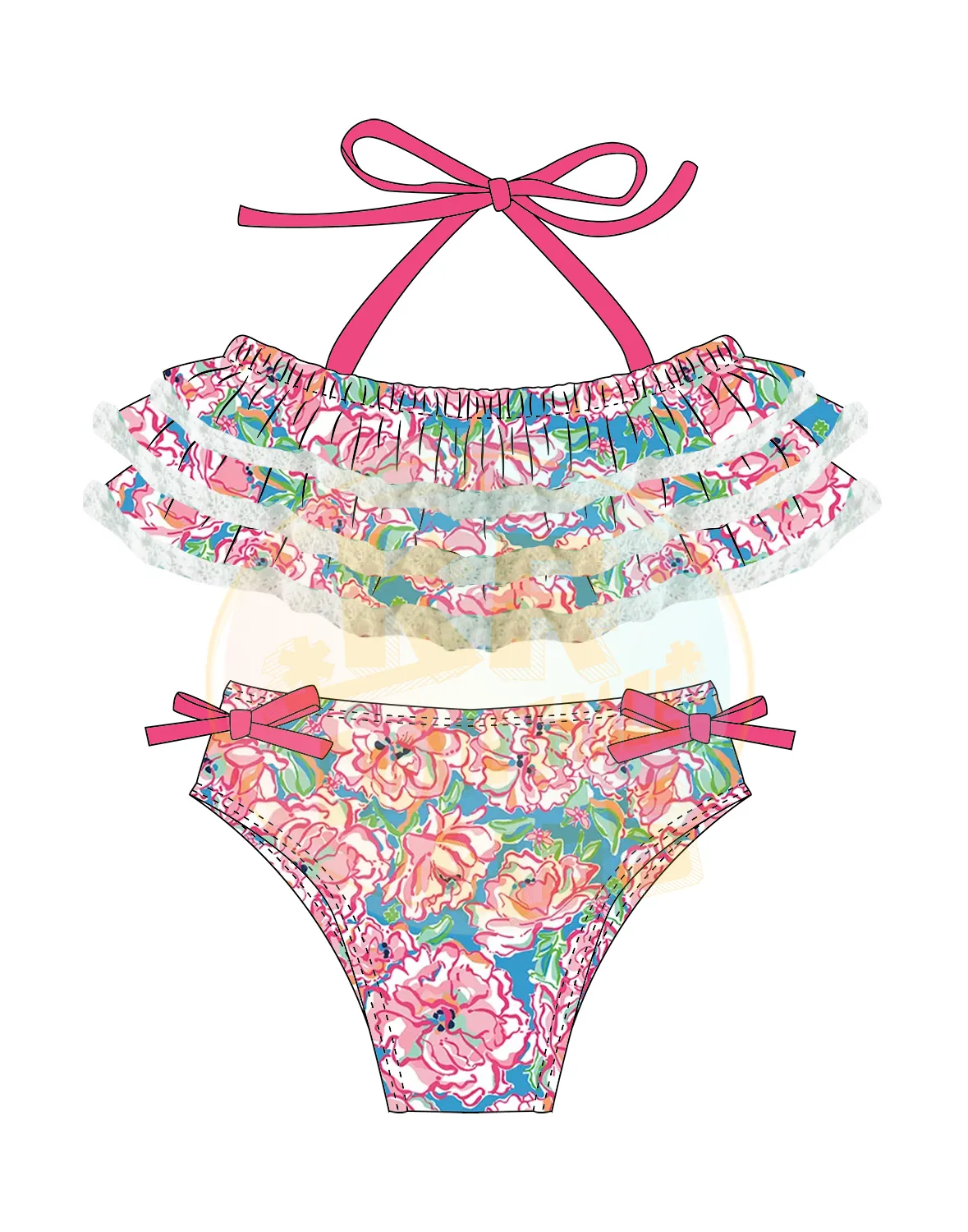 Mùa hè tùy chỉnh bé Boutique đồ bơi trẻ em in bãi biển mặc Toddler cô gái ren Ruffle Halterneck Áo tắm trẻ em bikini áo tắm