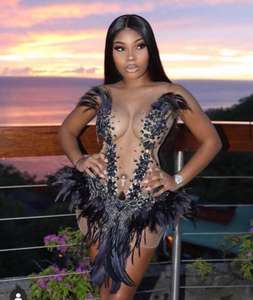 Abito Sexy in Rete Trasparente con Strass e <span class=keywords><strong>Piume</strong></span> Nere, Costume da Ballo, <span class=keywords><strong>Vestito</strong></span> per Feste di Compleanno e Celebrazioni - Product Image 1