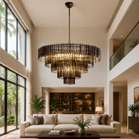 Lustre Cano Lighting en verre noir bronze, bandes de verre verticales denses en niveaux, lumière de plafond pour la maison à l'éclat chaleureux