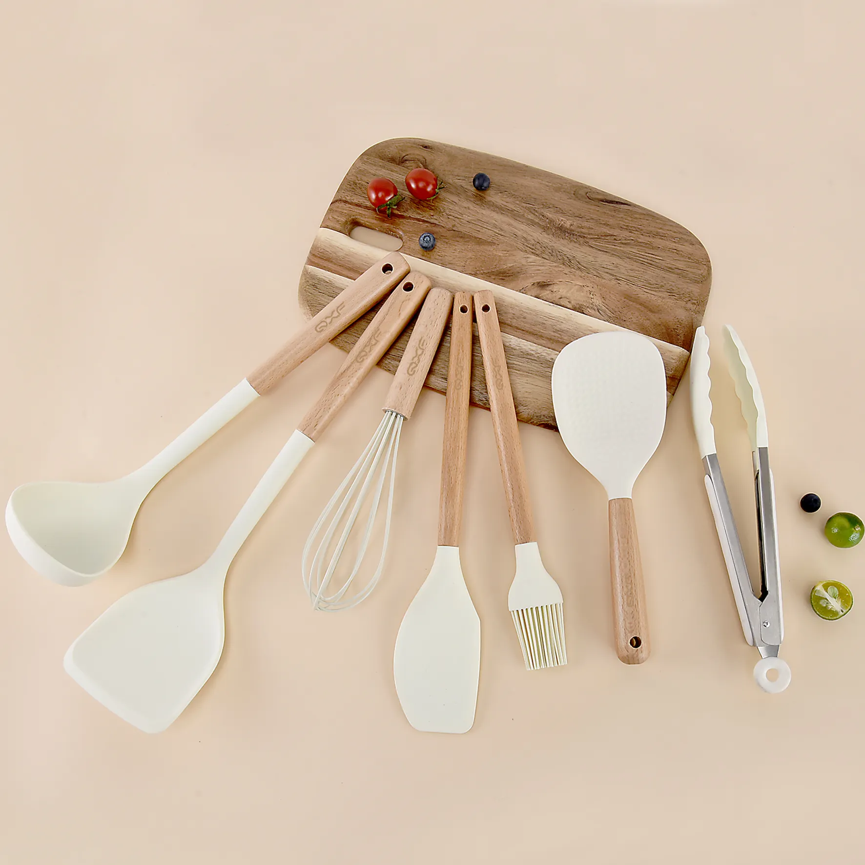 Kitchen Cooking Utensils Set Anti-slip Silicone Utensils Heat Resistant Food Grade Cooking Spatula Set with Wooden Handle