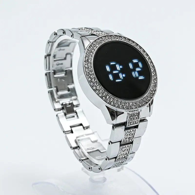 Men's and Women's Unisexr Watch Simple Fashion Double Row Water Drill Luxury Alloy Round LED Touch Electronic Watch