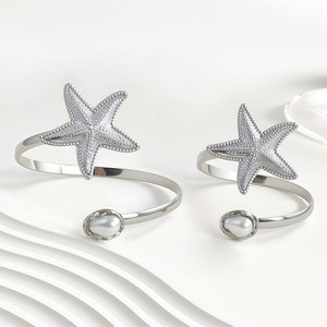 Beach Vacation Rhinestone Pearl Starfish Flower Metal Arm Cuff Statement Open Bangle Curtain <b>Tieback</b> Pearl Women Jewelry - Product Image 3