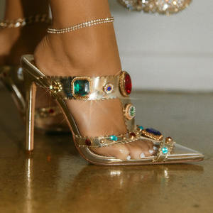 Xinzirain özel kadınlar renkli elmas sandalet sivri burun Stiletto yüksek topuklu <span class=keywords><strong>PVC</strong></span> bağcıksız ayakkabı yaz zarif elbise katır - Product Image 1