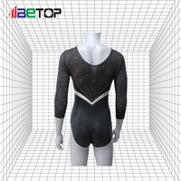 Justaucorps de gymnastique noir à manches 3/4 avec feuille d'or et strass intégraux en forme de V, combinaison de compétition personnalisée pour filles, uniforme de performance