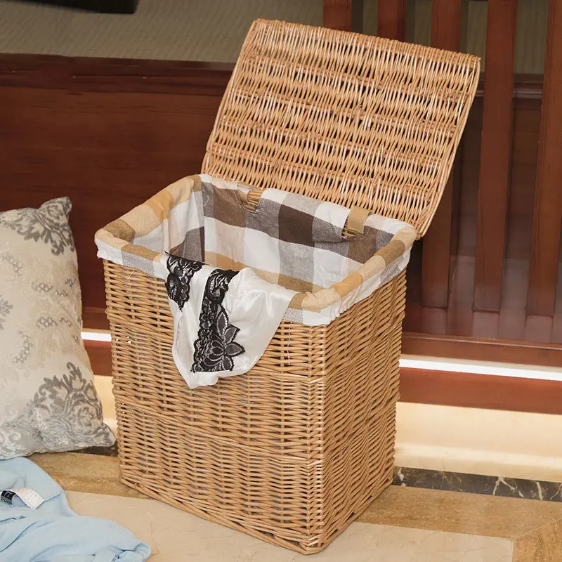 Panier de rangement en osier avec couvercle et sac de doublure amovible, panier de rangement à linge domestique pour le rangement des fournitures de jardinage