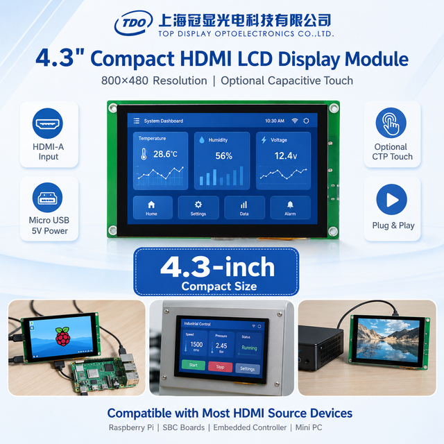 TDO 4.3 Inch Compact HD-MI Interface LCD Display Module 800x480, Micro USB 5V Power for Embedded Controller, Raspberry Pi And...