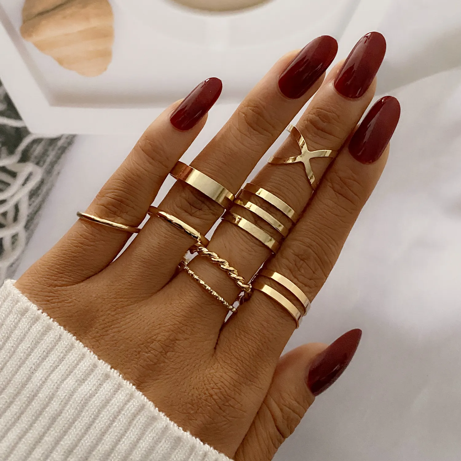 Korean Style Couple Spiral Cross Finger Ring Set For Women Gold Geometric Circle Opening Joint Kit Rings Set Woman
