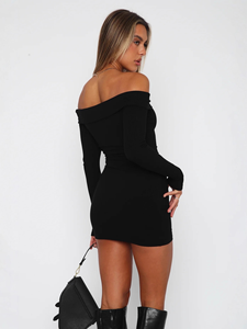 Nuovo Stile Personalizzato Abito da Donna Senza Spalline Tinta Unita <span class=keywords><strong>Sexy</strong></span> <span class=keywords><strong>Scollato</strong></span> a Maniche Lunghe Lunghezza al Ginocchio - Product Image 5