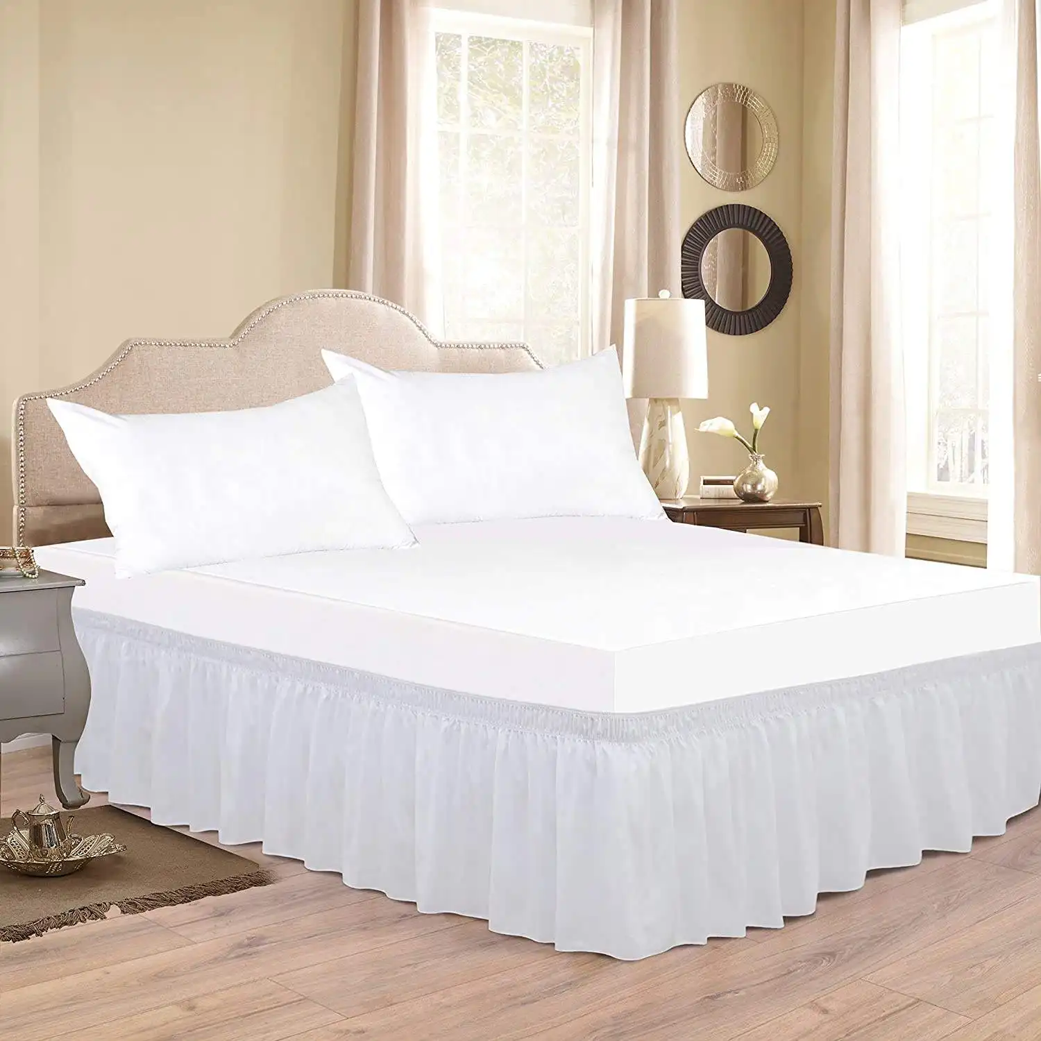 Wrap Around Ruffled Bed Skirt with Adjustable Elastic Belt Drop Easy to Put On Wrinkle Free Bedskirt Dust Ruffles