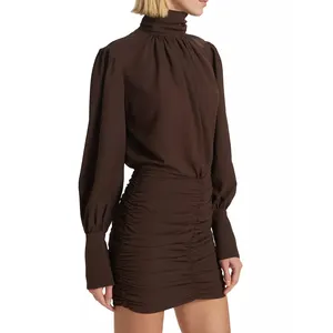 New Fashion Women Custom Long Sleeves Turtleneck Solid Brown Ruched Mini Dress Casual Sexy Fitted Bodycon Cocktail Cut Out Dress
