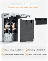 Boîtier de déconnexion AC 120/240VAC avec fusible 30A inclus, boîtier métallique étanche extérieur avec interrupteur extractible