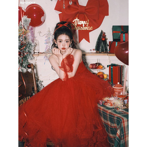 Red Strapless Ball Gown Cocktail Dress With Ruffles Natural Waistline For Wedding Banquet Photography Studio - Product Image 1