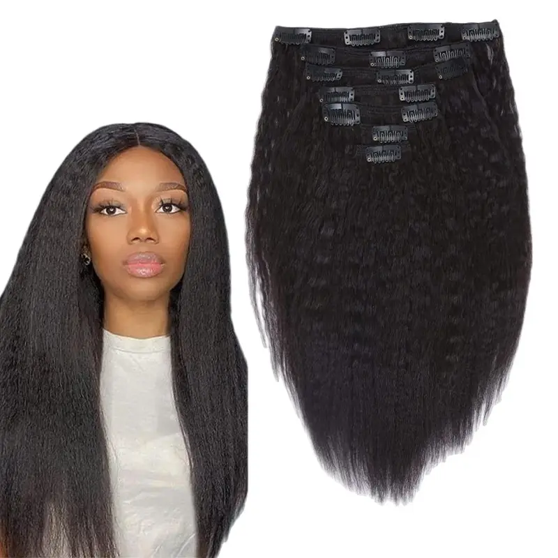 Kinky Straight Human Clip In Hair Extension For Black Women 120gram Kinky Straight Clip In Hair Extensions for African American