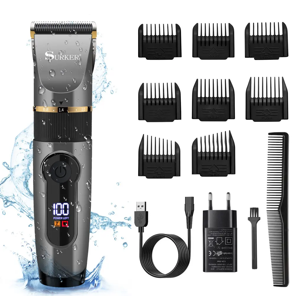 IPX7-cuchilla de cerámica LCD para hombre, lavable, Kit de aseo para Barba, cortadora de pelo