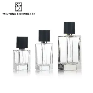 Best Sale Luxury Square Parfum Bottles Glass With Label Sticker Crimpless Gold Ring Black Wooden cap Perfume Bottle