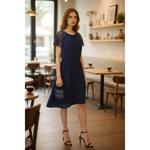 <span class=keywords><strong>Robe</strong></span> élégante pour femme, bleu <span class=keywords><strong>marine</strong></span>, col rond, manches courtes, taille à cordon, coupe ample, <span class=keywords><strong>mi</strong></span>-<span class=keywords><strong>longue</strong></span>, tendance - Product Image 1