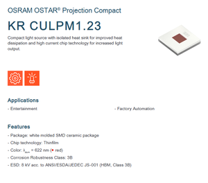 Chip LED de Alta Potencia OSRAM OSTAR Projection Compact KR CULPM1.23 Rojo 612-630 nm 187 lm 3.0W CRI 70-90 Ángulo de Visión de 120° - Product Image 2