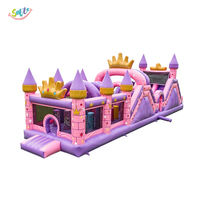 Castillo Inflable Grande de Grado Comercial, con Obstáculos, Color Rosa y Morado, para Fiestas y Alquiler