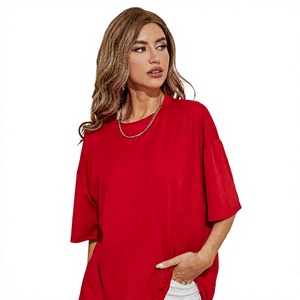 T-shirt en coton tricoté à manches courtes et col rond pour homme, coupe décontractée, longueur longue, en jersey, couleur rouge unie, style oversize - Product Image 2
